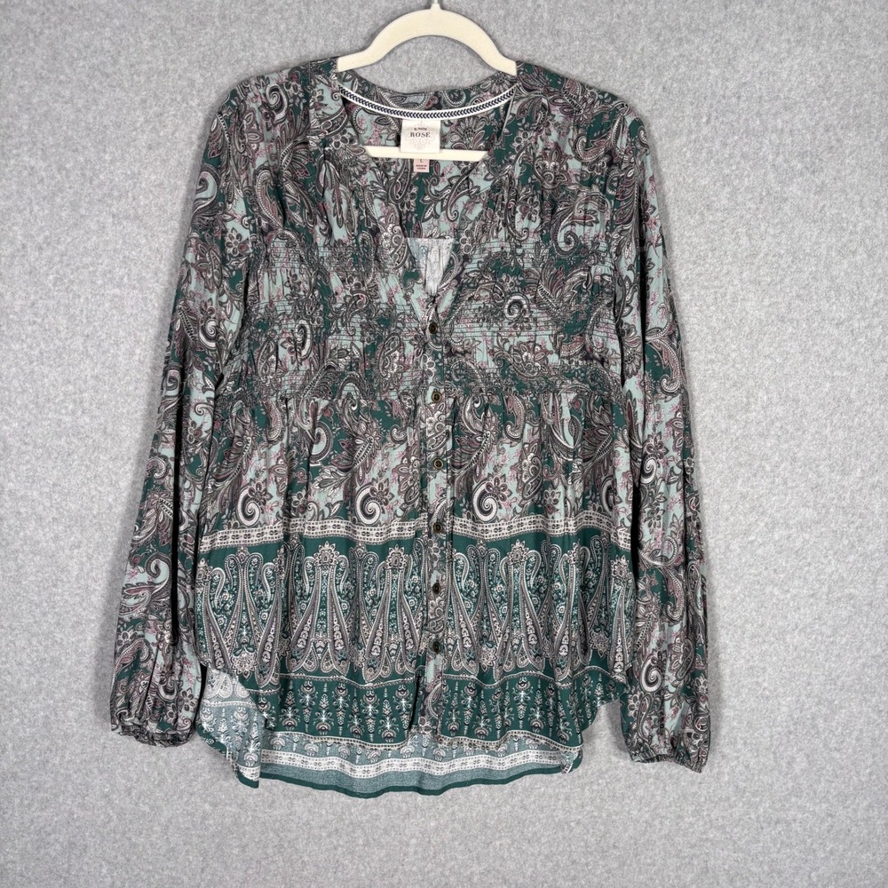 Knox Rose Babydoll Peasant Blouse Large Green Paisley Smocked Tunic Top‎ Button